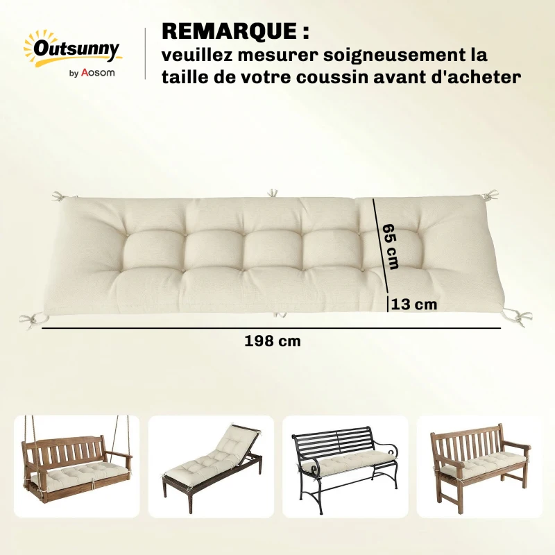 Outsunny Coussin Bain de Soleil Chaise Longue en Mousse à Mémoire avec Sangles, Protection UV50+, 198x65x13cm, Beige