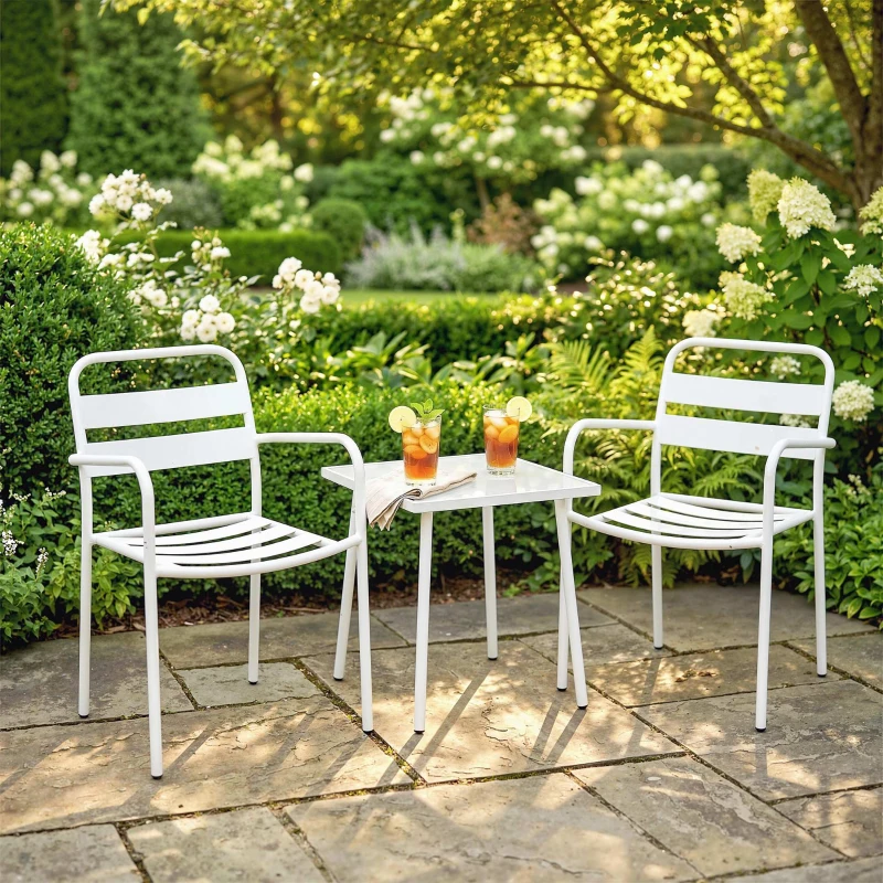 Outsunny Set bistro 3 piese, set mobilier metalic de grădină cu 2 scaune, masă din sticlă, design cu lamele, rezistent la rugină