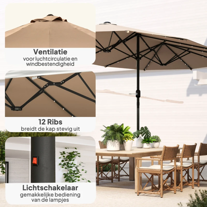 Outsunny parasol met LED dubbele parasol 440 x 260 cm tuinparasol marktparasol grote terrasparasol met handslinger ovaal metaal kaki