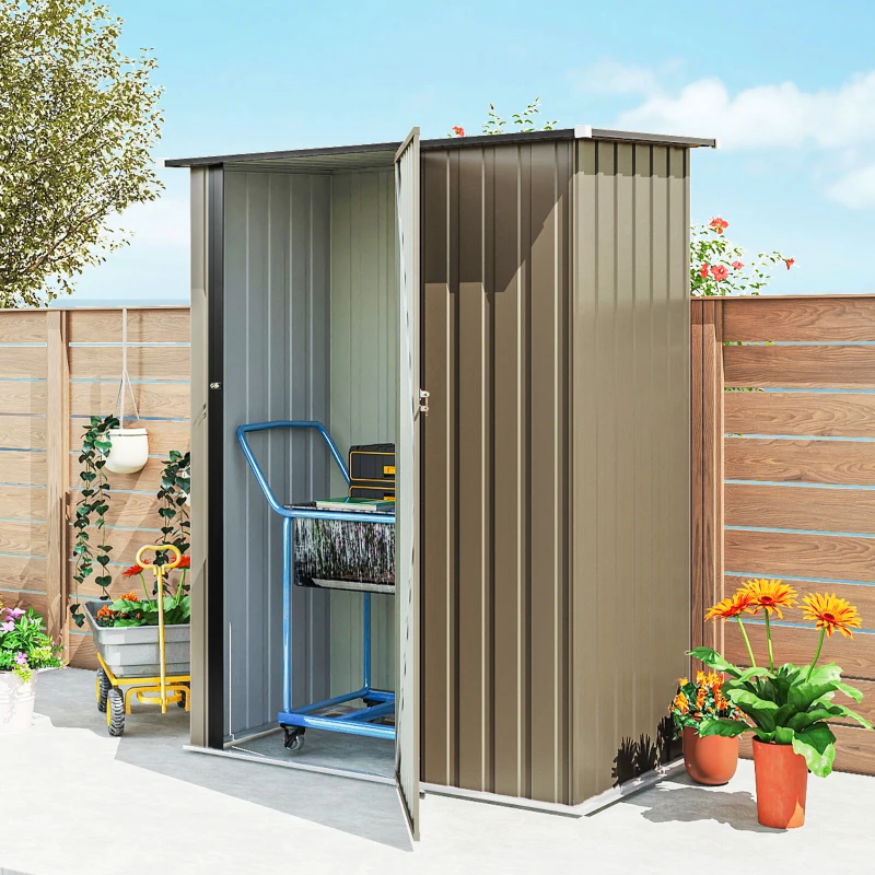 Outsunny Capanno Porta Attrezzi in Metallo con Tetto Inclinato e Porta Bloccabile, 142x86x189 cm, Marrone