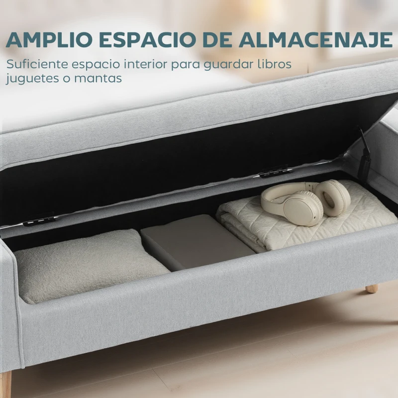 HOMCOM Banco de Almacenaje con Tapa Abatible y Patas de Madera para Dormitorio Salón Entrada 120x45x54 cm Gris Claro