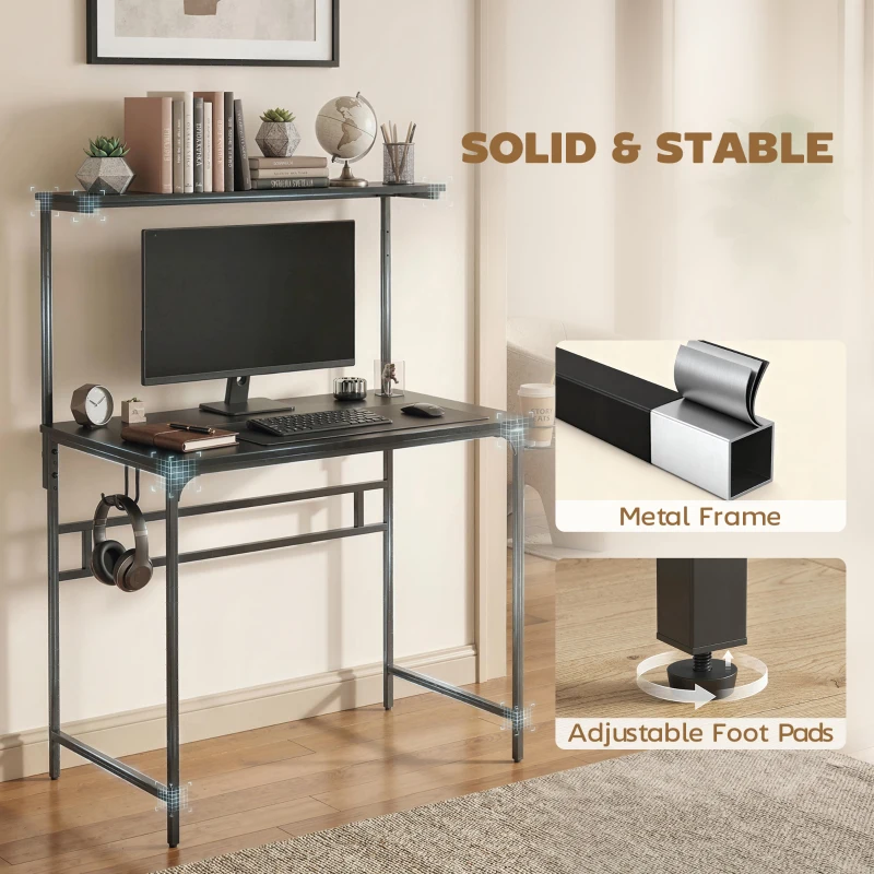 HOMCOM Computer Desk, 80cm Home Office Study Table with Hutch Shelf, Cup Holder, Headphone Hook, Black