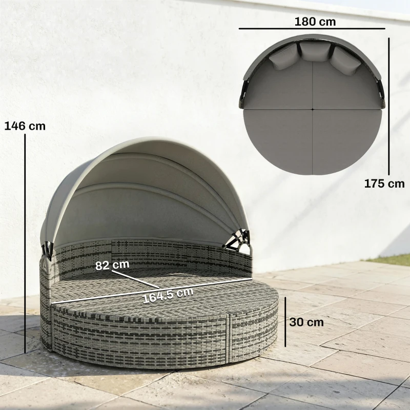 Outsunny Lettino prendisole rotondo modulare in rattan con tendalino, Grigio chiaro
