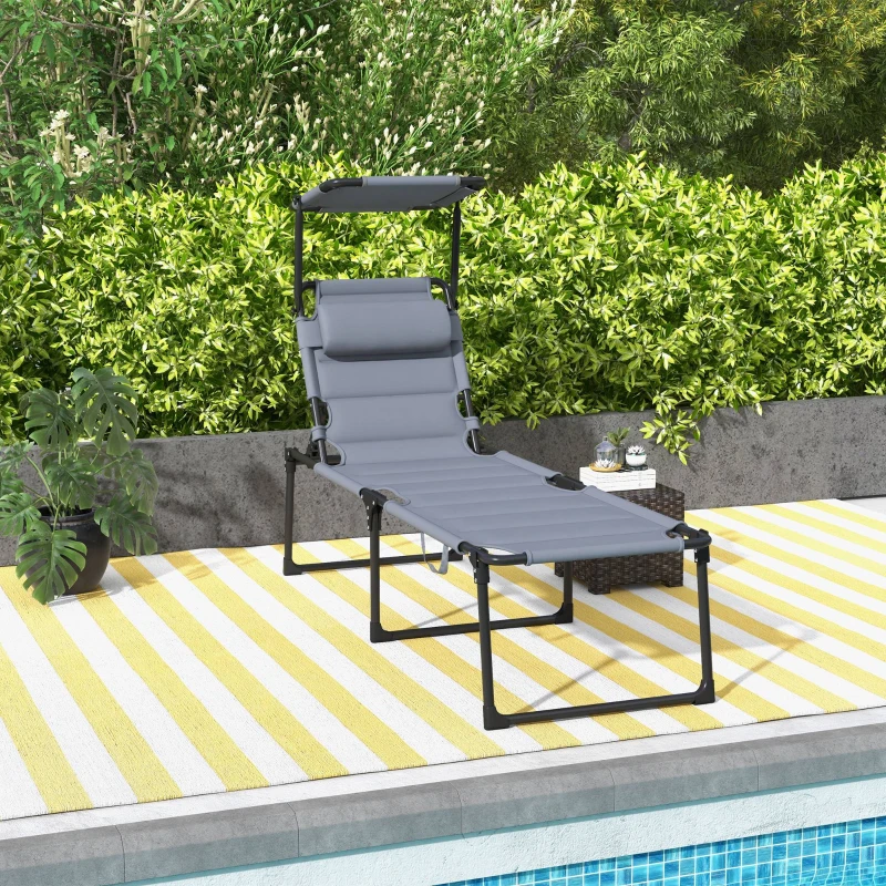 Outsunny Bain de soleil chaise longue pliante avec pare-soleil, appuie-tête inclinable en tissu Oxford 70 x 200 x 45 cm gris