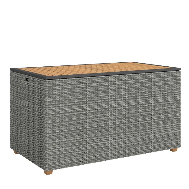 Outsunny Coffre de jardin 450 L Polyrattan étanche Coffre à coussins avec couvercle en bois FSC Vérins à gaz Doublure intérieure