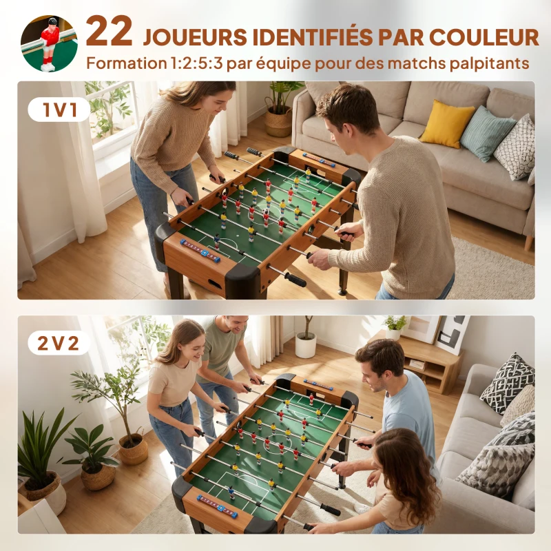 SPORTNOW Baby-foot 92 cm, 22 joueurs, 2 balles, compteurs manuels, poignées antidérapantes, marron