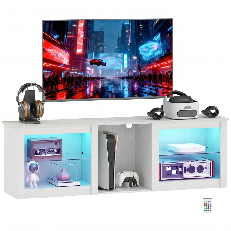 HOMCOM Comodă TV cu iluminare LED pentru televizoare de până la 178 cm, dim. 160 cm, cu etajere din sticlă reglabile, alb