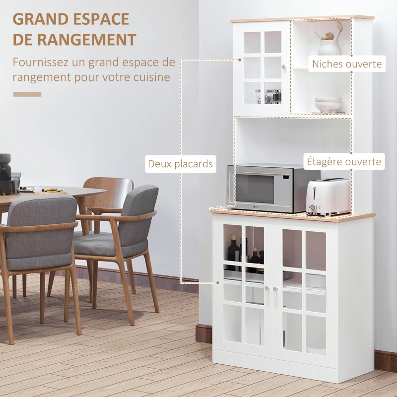 HOMCOM Buffet cuisine, meuble cuisine rangement haut, meuble de rangement avec plan de travail, 3 portes vitrées, 2 niches et étagères réglables, 80 x 37 x 183 cm, blanc chêne