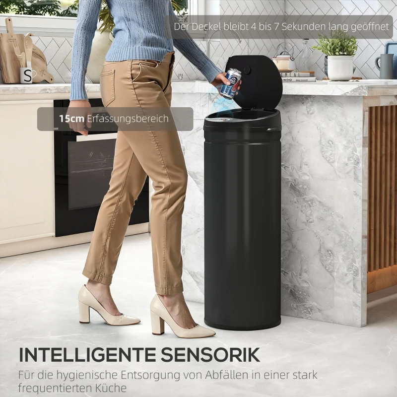 HOMCOM 50 Liter Sensor-Mülleimer mit Soft-Close-Funktion, berührungsfreier Abfalleimer aus Edelstahl für hygienische Küchen