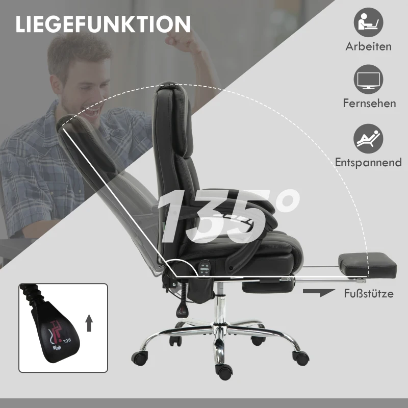 Vinsetto Verstellbarer Bürostuhl mit 6 Massagepunkten, Wärmefunktion, Fußstütze, Kunstleder, Schwarz