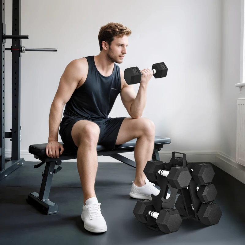 SPORTNOW Ensemble d'Haltères Hexagonaux avec Support, Haltères Revêtus de Caoutchouc, Poignées Antidérapantes en Chrome, Noir