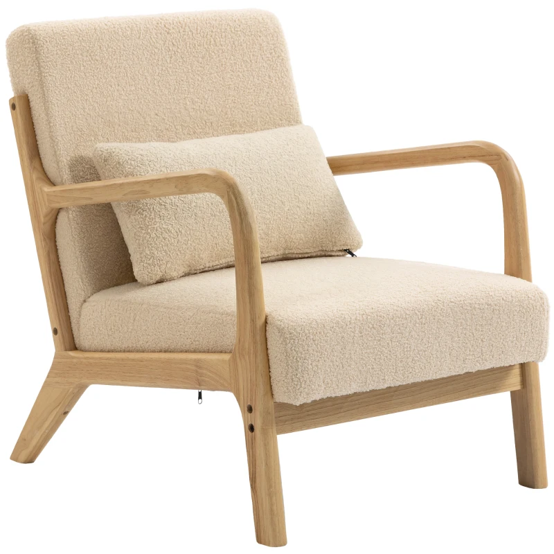 HOMCOM Sillón lounge - 3 cojines incluidos - asiento profundo - reposabrazos - estructura madera de hevea - aspecto terciopelo beige