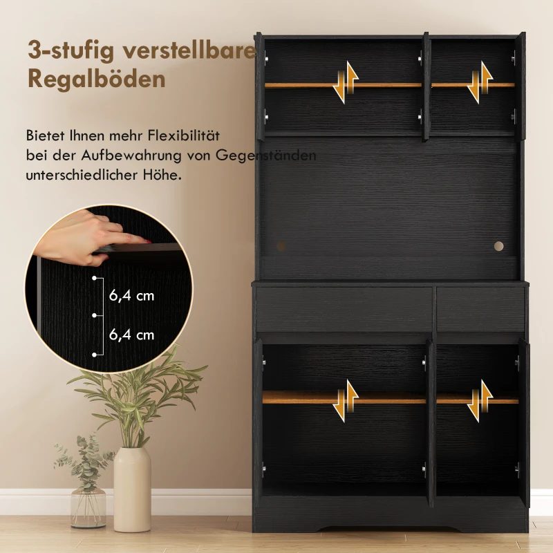 HOMCOM Buffet-Küchenschrank mit Arbeitsplatte, 6 Türen, hoher Stauraumschrank mit Regalen, Schwarz