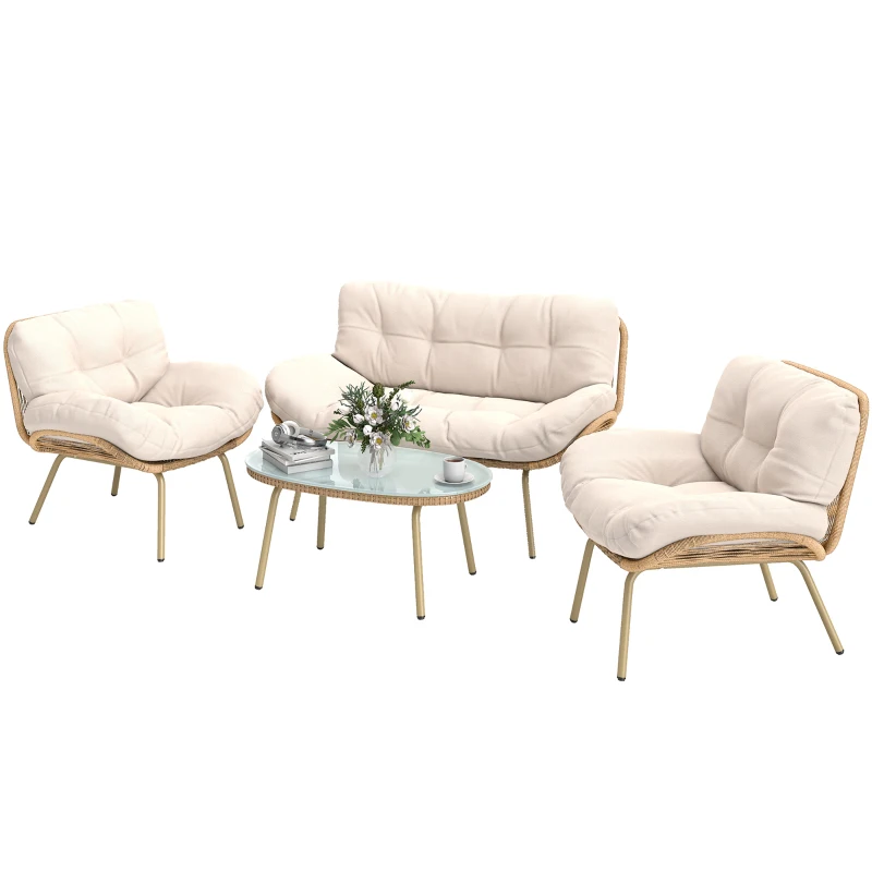 Outsunny Gartenlounge 4-teilig aus Polyrattan, 12 cm extra dicke Sitzkissen, Sofa 138 cm, 2 Sessel und Couchtisch, Beige