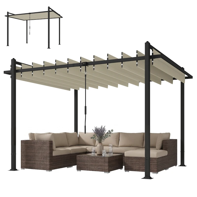 Outsunny Pérgola de Jardín 3x3,8 m con Techo de Lamas Ajustable a 90° Manivela Estructura de Aluminio y Acero UPF50+ Beige