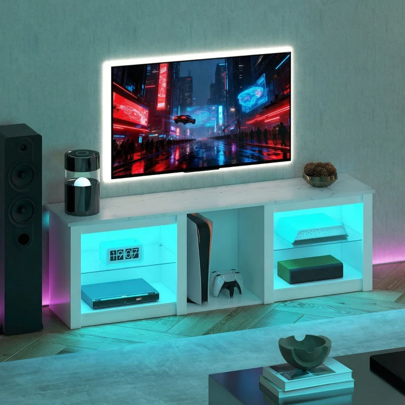 HOMCOM Mueble TV con iluminación LED para televisores hasta 177,8 cm, 160 cm con estantes de vidrio ajustables, blanco