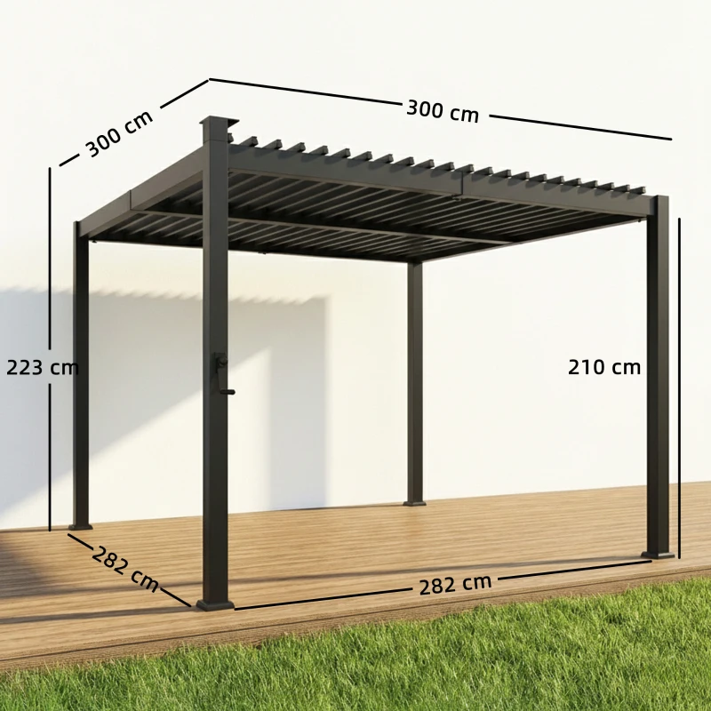 Outsunny Pérgola bioclimática 3x3m con luces LED solares, pérgola de lamas orientables, canaletas, negro