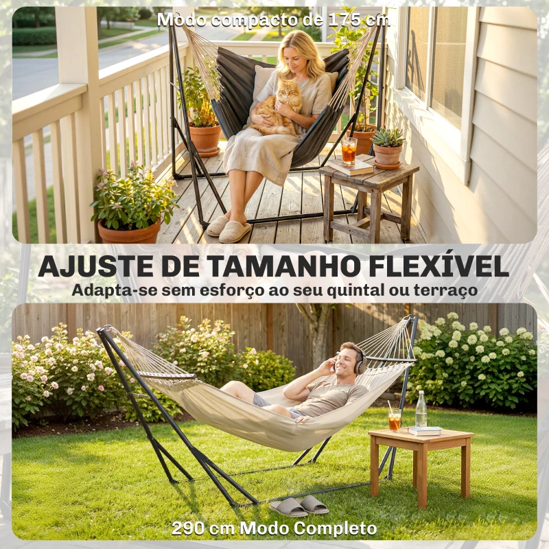 Outsunny Suporte para Cama Rede Dobrável Comprimento 290 cm Comprimento Ajustável Material Aço com Bolsa de Transporte Preto