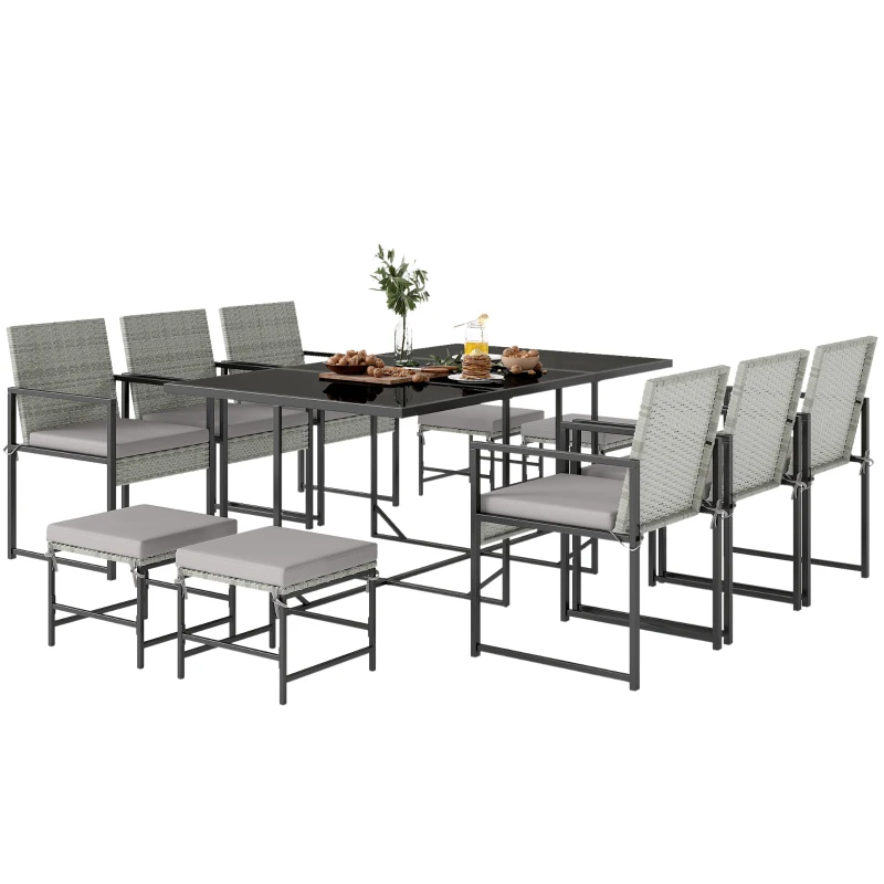 Outsunny Conjunto de Jantar Pátio 11 Peças, Mobiliário Exterior com 6 Poltronas, 4 Pufes, Cinza