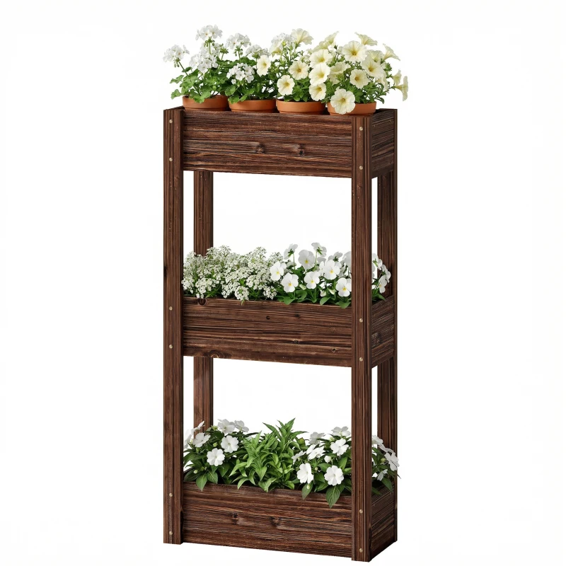Outsunny Jardinera elevada en pie 3 niveles orificios de drenaje y forro 60 x 25 x 120 cm, Marrón