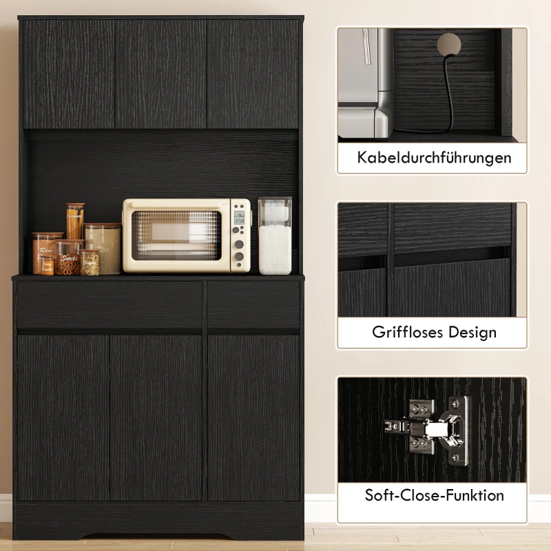 HOMCOM Buffet-Küchenschrank mit Arbeitsplatte, 6 Türen, hoher Stauraumschrank mit Regalen, Schwarz