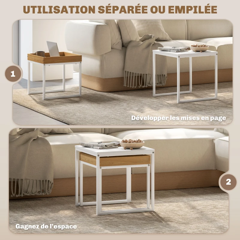 HOMCOM Lot de 2 tables basses gigognes carrées, tables gigognes de salon avec cadre en acier, style moderne, blanc