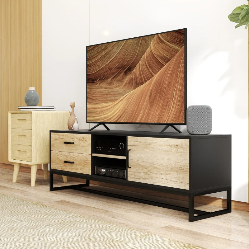 HOMCOM Meuble TV pour téléviseurs jusqu'à 60 pouces, meuble télé avec placard compartiments ouverts, 2 tiroirs, bois naturel