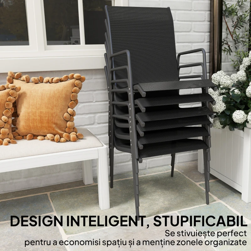 Outsunny Set 6 Scaune Empilabile și Respirabile cu Cotiere și Spătar Înalt, din Metal și Poliester, 51L x 69A x 87Î cm, Negru