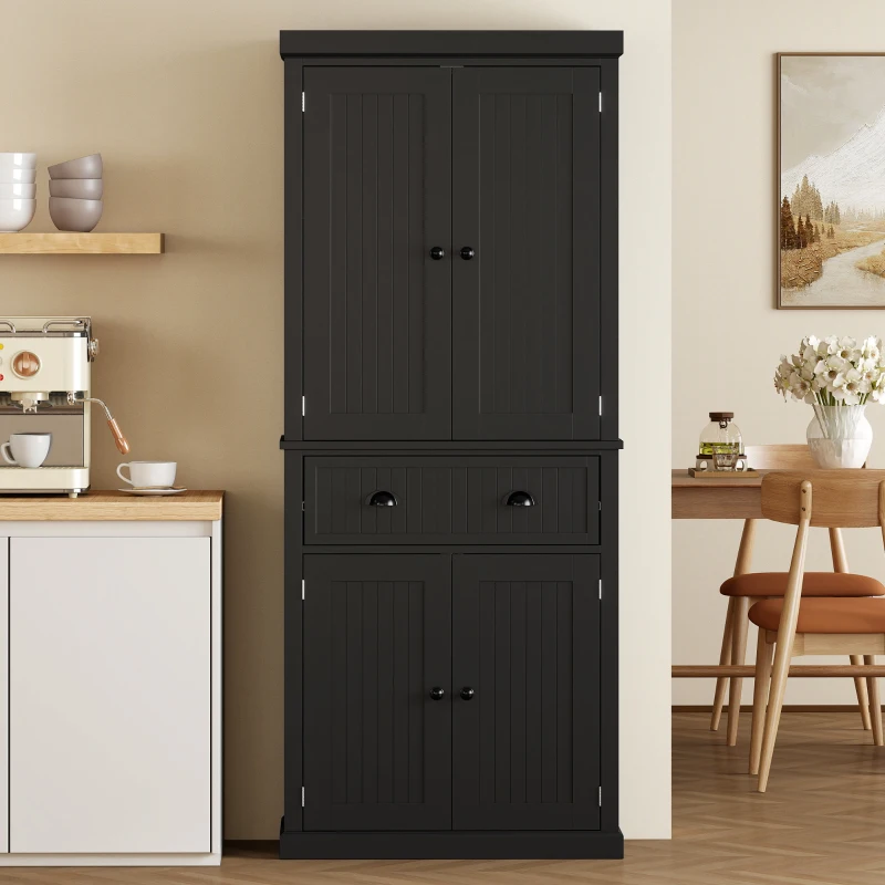 HOMCOM Hoher Küchenschrank, Küchenschrank mit 4 Türen, Schublade und verstellbaren Einlegeböden, 76,2 x 40,2 x 183 cm, schwarz
