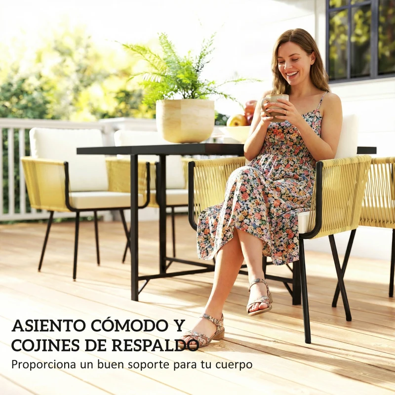 Outsunny Conjunto de Mesa y Sillas Jardín de Ratán 5 Piezas con Mesa de Plástico-Madera 4 Sillas con Cojines Extraíbles Beige