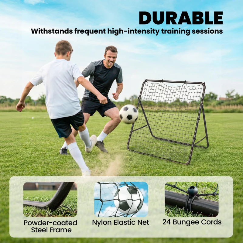 SPORTNOW Filet de Rebond Pliable Réglable à 5 Angles avec 24 Cordes Élastiques Filet pour Football, Acier, 120x73x112cm, Noir