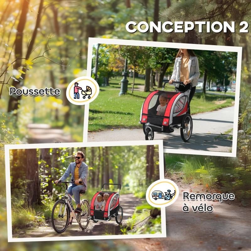 HOMCOM Remorque velo enfant 2 en 1 poussette vélo bébé 2 places avec ceinture de sécurité 5 points, réflecteurs, drapeau, rouge