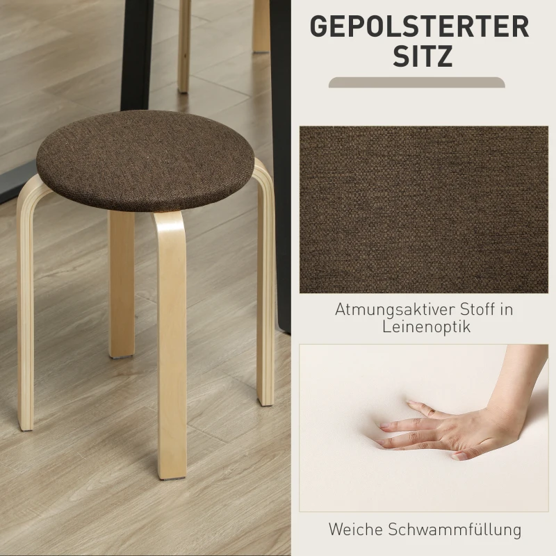 HOMCOM Gestoffeerde kruk 4-delige set, stapelbaar, gelakte afwerking, houten poten, bruin