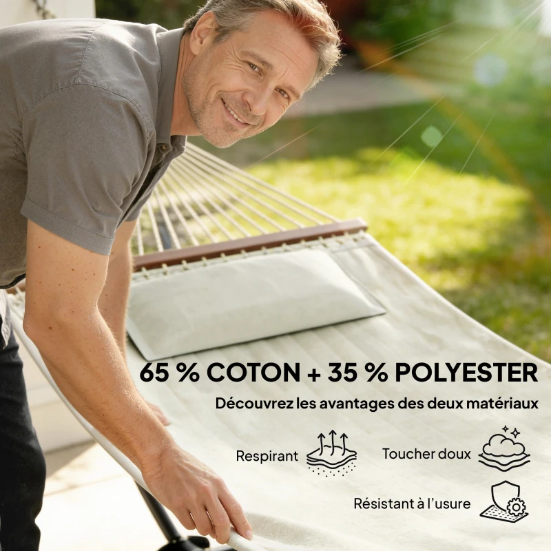 Outsunny Hamac sur pied, hamac avec support en acier, oreiller, barres d'écartement, 368 x 140 x 110 cm, crème