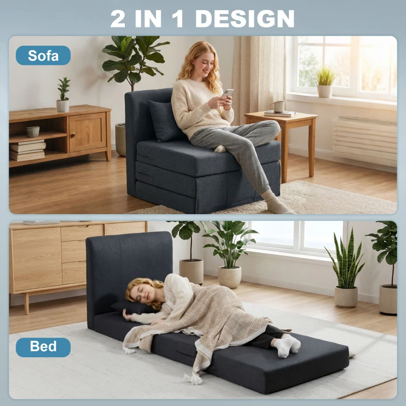 HOMCOM 2-in-1 slaapfauteuil opvouwbaar sofa-bed met linnenstructuur, gewatteerd logeerbed vouwstoel, Donkergrijs