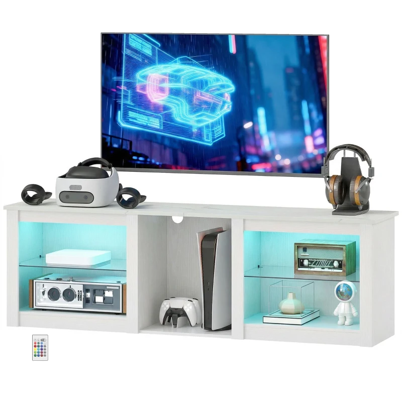 HOMCOM Móvel TV com iluminação LED para televisão de até 177,8 cm, 160cm com prateleiras de vidro ajustáveis, branco