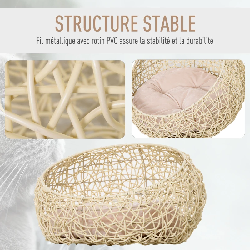 PawHut Panier chat lit chat cosy grand confort dim. Ø 56 x 35H cm coussin moelleux inclus PVC imitation rotin beige