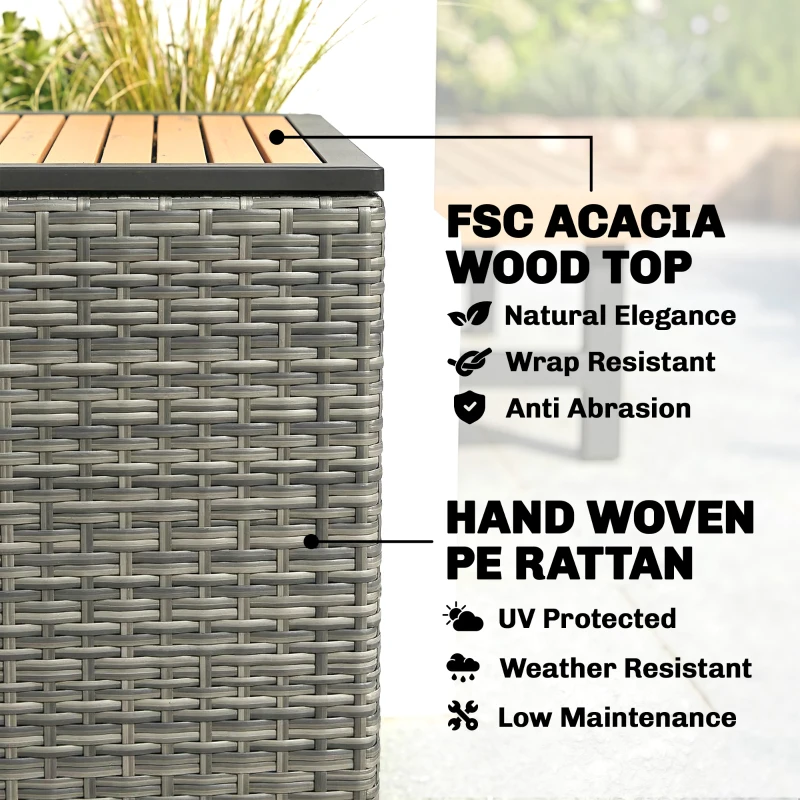Outsunny Coffre de jardin 450 L Polyrattan étanche Coffre à coussins avec couvercle en bois FSC Vérins à gaz Doublure intérieure