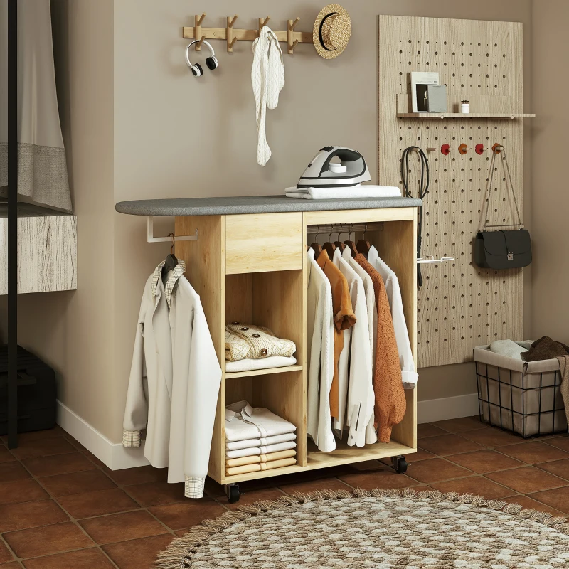 HOMCOM Armoire à repasser en bois table à repasser avec roulettes barre de suspension étagère 125 x 43,5 x 102,5 cm bois naturel