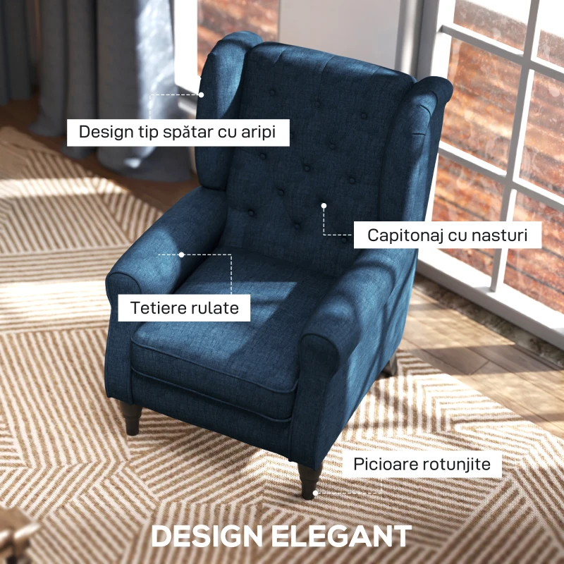 HOMCOM Fotoliu pentru Living în Stil Francez cu Șezut Confortabil și Perne, Catifea, 74x86x102 cm, Albastru