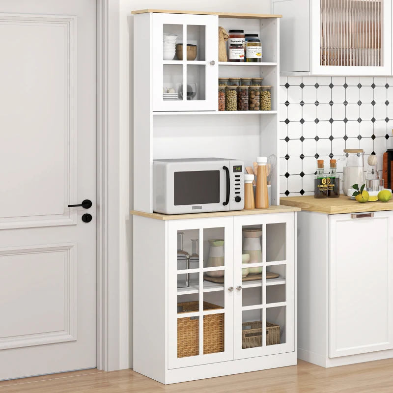 HOMCOM Buffet cuisine, meuble cuisine rangement haut, meuble de rangement avec plan de travail, 3 portes vitrées, 2 niches et étagères réglables, 80 x 37 x 183 cm, blanc chêne