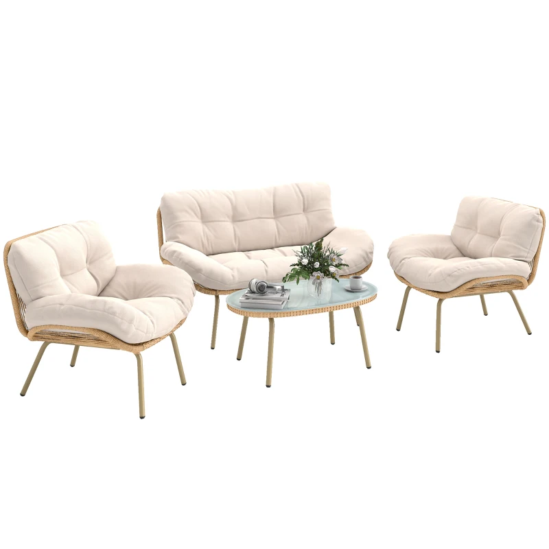 Outsunny Gartenlounge 4-teilig aus Polyrattan, 12 cm extra dicke Sitzkissen, Sofa 138 cm, 2 Sessel und Couchtisch, Beige
