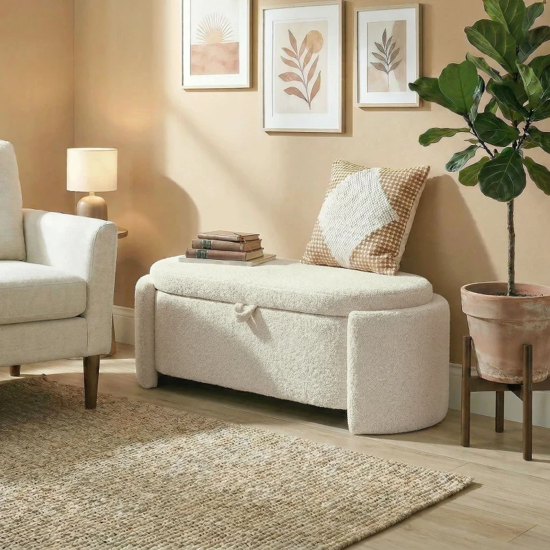 HOMCOM Aufbewahrungsbank, ovaler Betthocker in Teddy-Fleece mit breiter Sitzfläche, 129 x 48,5 x 44 cm, creme
