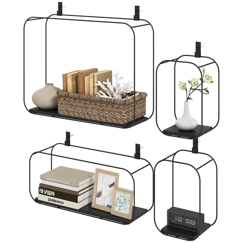 HOMCOM Rafturi Flotante Geometrice pentru Living, Set de 4 Piese, Negru