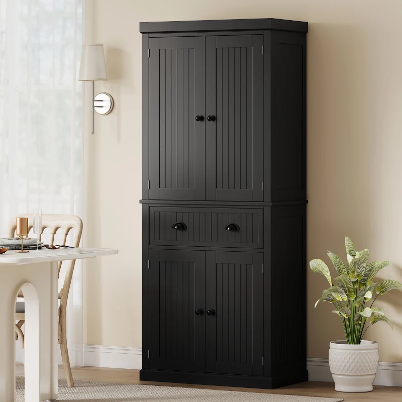 HOMCOM Hoher Küchenschrank, Küchenschrank mit 4 Türen, Schublade und verstellbaren Einlegeböden, 76,2 x 40,2 x 183 cm, schwarz