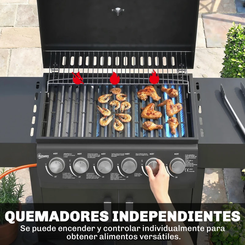 Outsunny Barbacoa de Gas con 6 Quemadores 15 kW Termómetro Parrilla Mesas Laterales Armario y Ruedas 135x51x101 cm Negro
