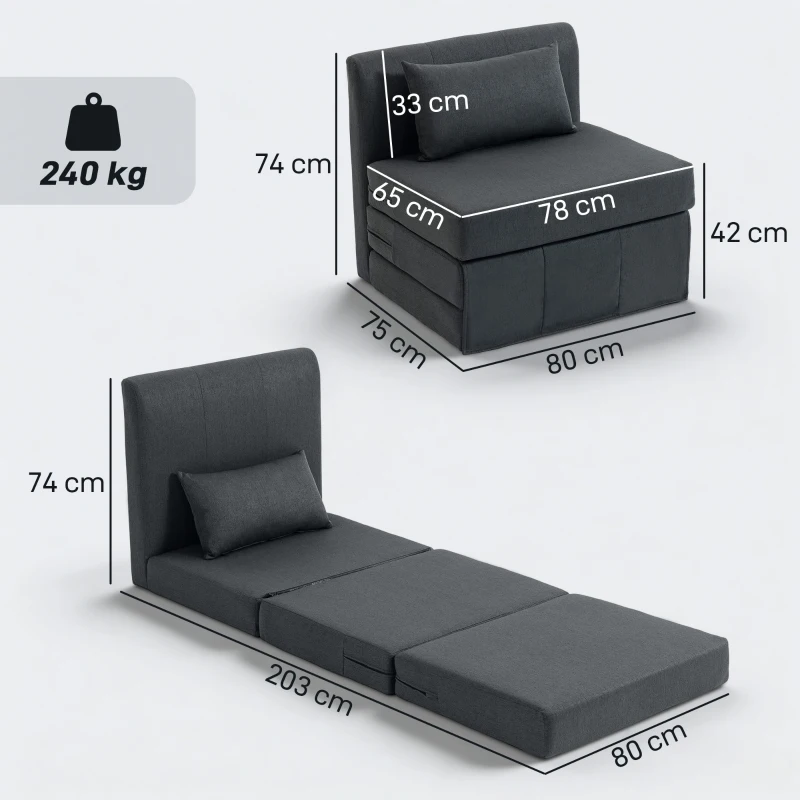 HOMCOM 2-in-1 slaapfauteuil opvouwbaar sofa-bed met linnenstructuur, gewatteerd logeerbed vouwstoel, Donkergrijs