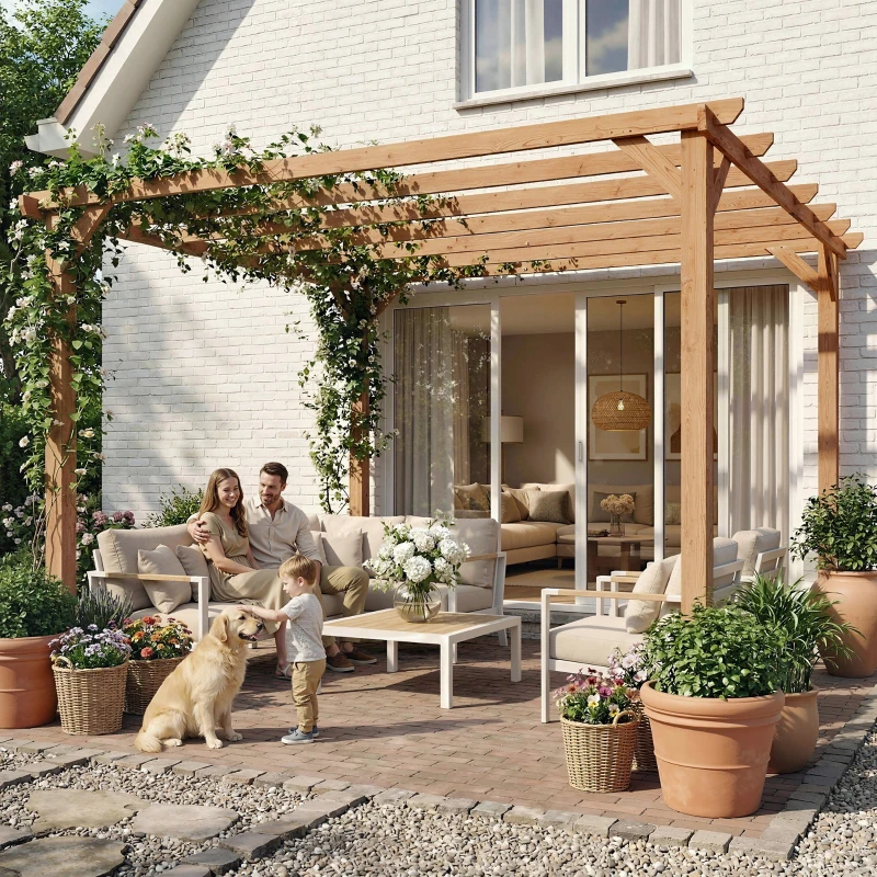 Outsunny Pergola en bois tonnelle extérieur structure robuste avec poteaux 90 mm et 7 poutres 3 x 3 m effet bois d'érable