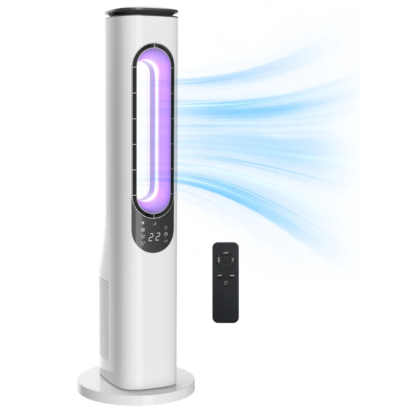 HOMCOM Rotorloser Turmventilator für Schlafzimmer, 35 dB leiser Standventilator mit 50° Oszillation, LED-Leuchten, 3 Geschwindigkeiten, 15-Stunden-Timer, Weiß