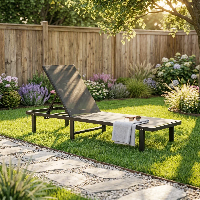 Outsunny Sun Lounger Recliner with Wheels 4-Position Flat Recline and 530g/m² Textilene Dark Gray